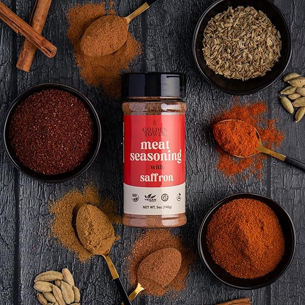 STEAK AND MEAT SEASONING WITH SAFFRON – 100% NATURAL HERBS AND SPICES, BBQ SEASONING, GRILL SEASONING, NON-GMO, NO-MSG, GLUTEN FREE, NATURAL INGREDIENTS BY GOLDEN TOWER – 5OZ PACK – 140G