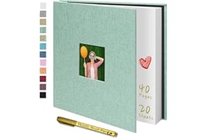 Yopih Photo Album Self Adhesive with Writing Space for 4x6 5x7 8x10 Pictures Scrapbook Album Linen Hardcover Turquoise DIY Length 11x10.6 Inch 40 Pages with A Metallie Pen