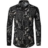 PARKLEES Men's Cotton Linen-Like 70s Disco Retro Traditional Pattern Printed Long Sleeve Button Down Shirt
