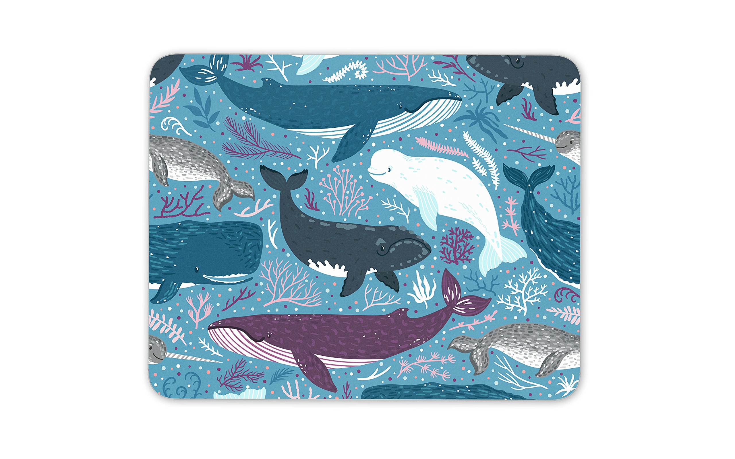 Pretty Whale Illustrations Mouse Mat Pad - Blue Pink White Whales Dolphin Beluga Narwhal Coral Reef Sea Creatures Gift Computer PC Mum Sister Daughter Kids Desk Art Secret Santa Christmas #8167