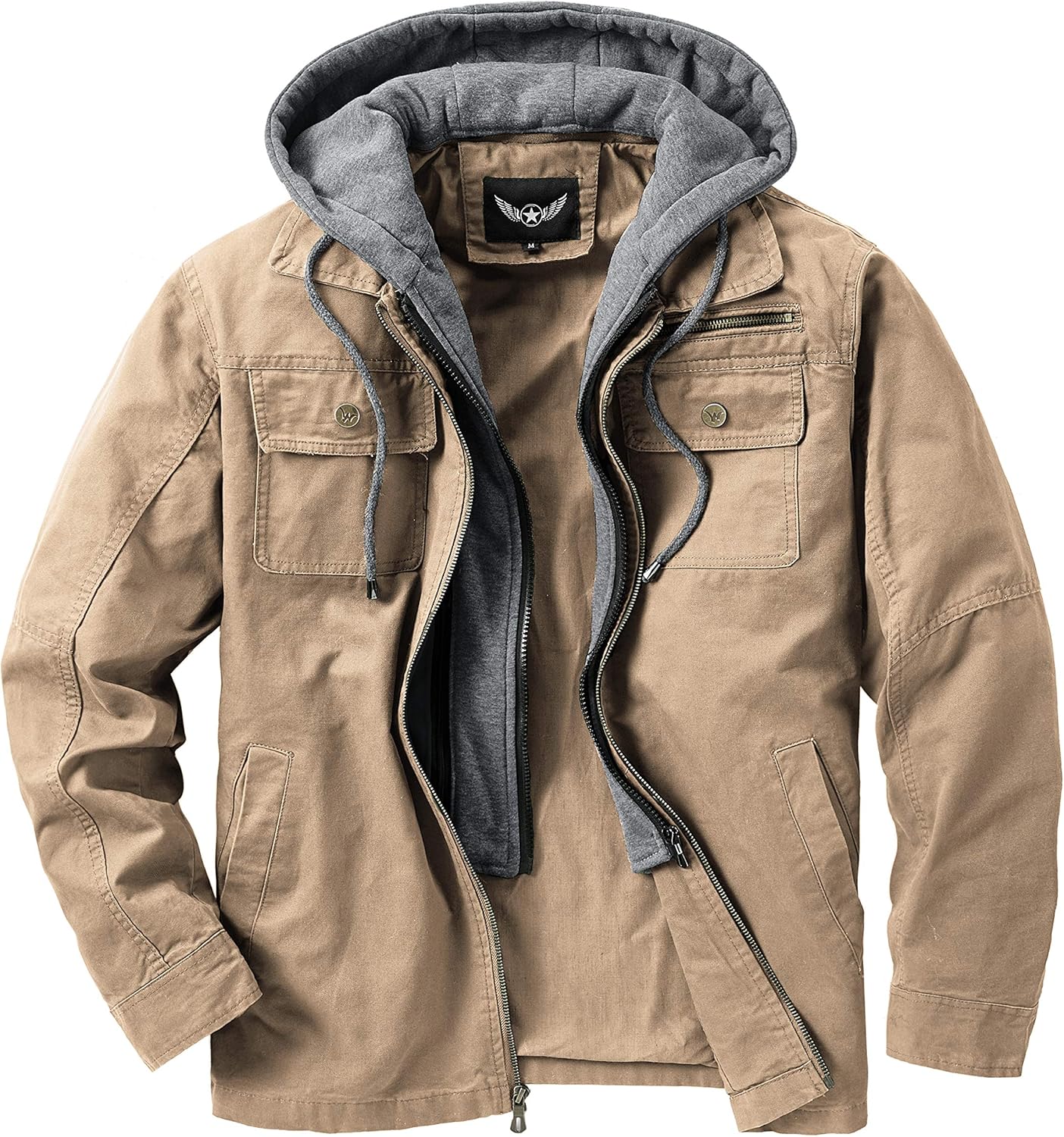 JYG Men's Casual Cotton Military Lapel Jacket with Removable Hood at  Men’s Clothing store