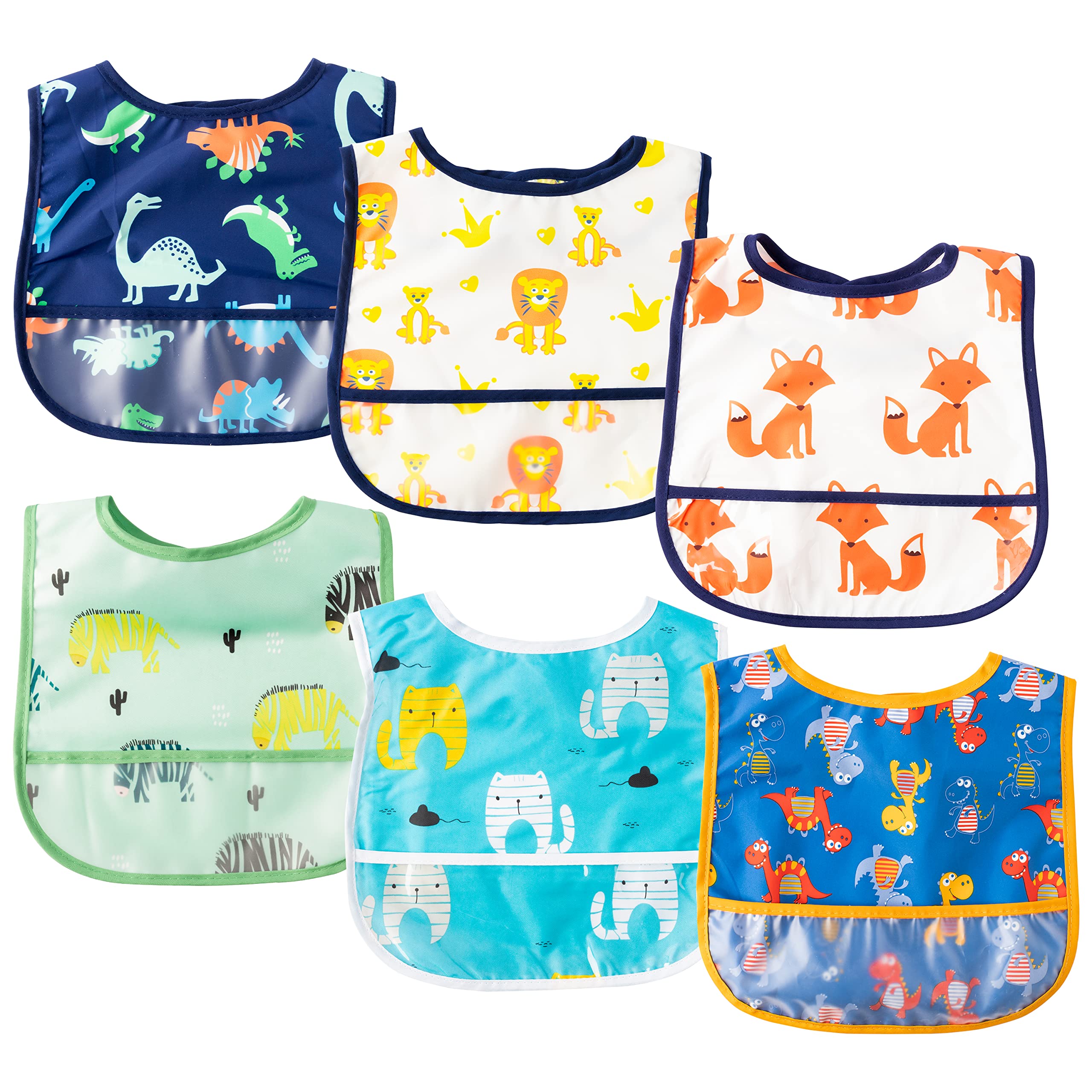 6Pcs Waterproof Toddler Bibs Baby Feeding Bib Set with Crumb Catcher Pocket Infant Adjustable Baby Teething Bib Babies Sleeveless Animals Food Bibs Keepsake Gift for Baby Shower, 6-24 Months