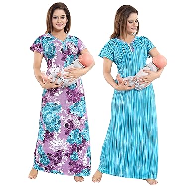 TUCUTE Women Beautiful Print with Invisible Zip+Floral Print/Maternity/Nursing Nighty Pack