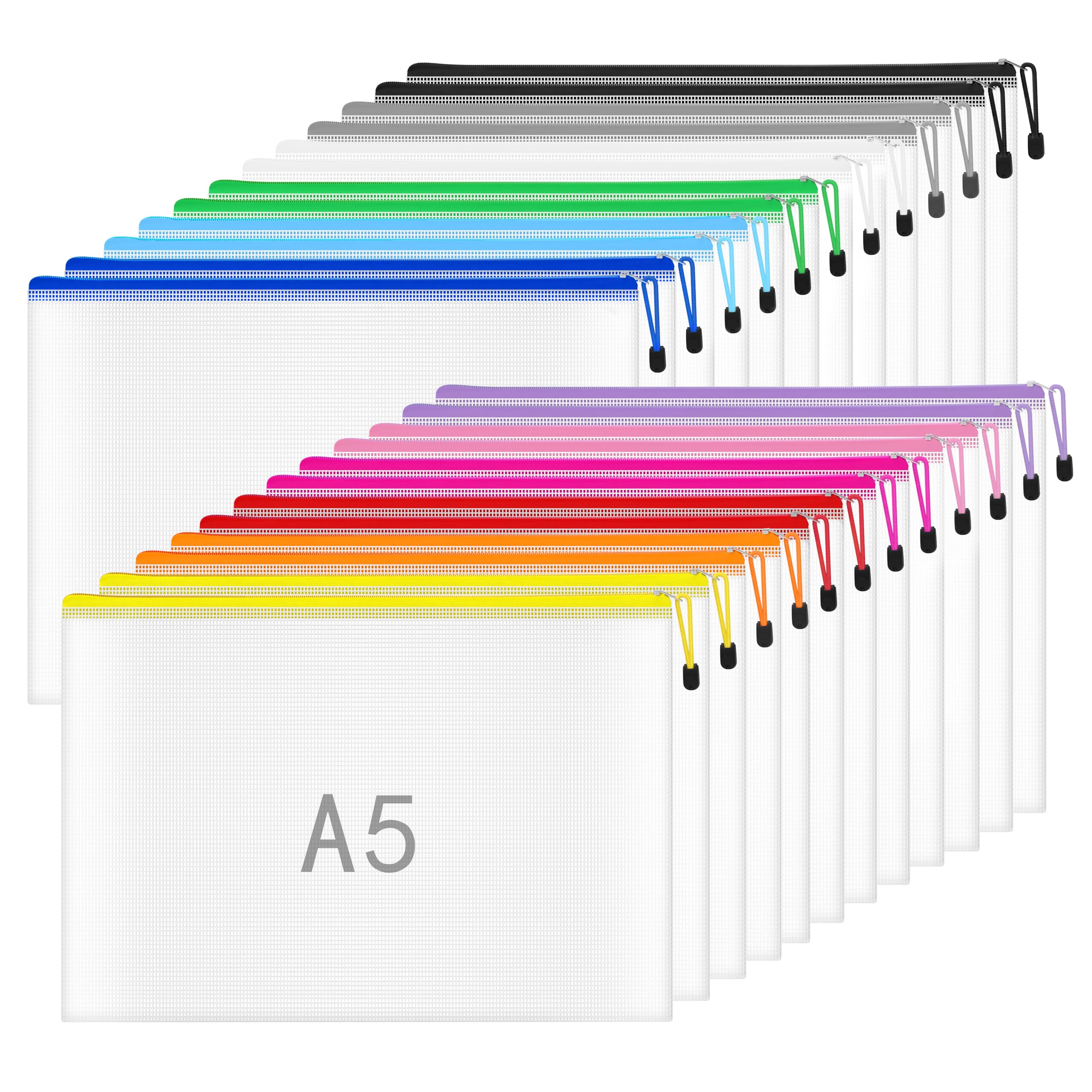 Plastic Wallets A5-24 Pcs Plastic Folders Document Wallets A5 Ziplock Bags Pockets with Zipper Bag for School, Office, Home
