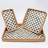 Set of 3 Rectangle Rattan Serving Trays with Mother of Pearl Inlay – Hand-Woven Wicker Trays for Coffee Table, Bathroom, Kitchen Counter or Entryway, Boho Coastal Decor, Checkered Design