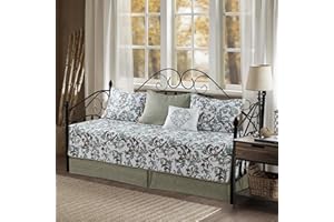 BYTIDE 6 Piece Reversible Microfiber Vine Printed Daybed Cover Set, All Season Luxury Bedding with Bedskirt, Matching Shams, Decorative Pillow, 75"x39", Green