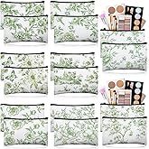 Stuffygreenus 16 Pcs Floral Cosmetic Bags Bulk for Women Sage Green and White Floral Makeup Bags Chinoiserie Canvas Travel Zipper Pouches Aesthetic Toiletry Bag for Girls Bridesmaids Wedding Supplies