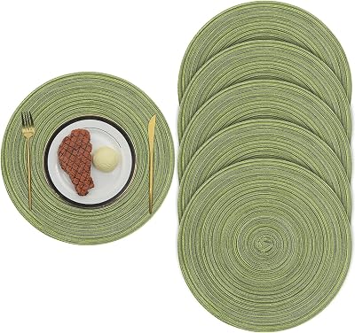 Pauwer 38cm Round Placemats Set of 6 Green Woven Heat Resistant Non Slip