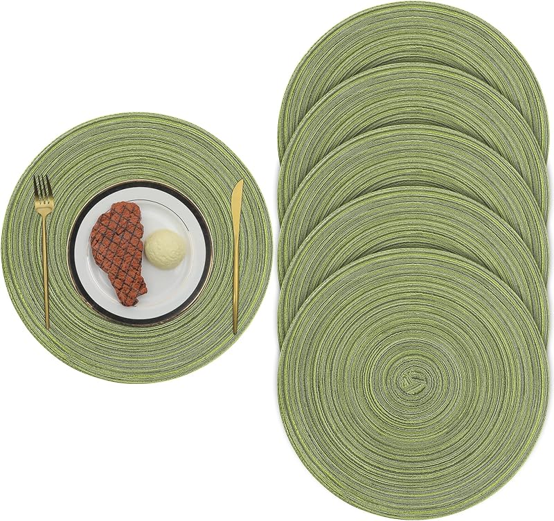 Pauwer 38cm Round Placemats Set of 6 Green Woven Heat Resistant Non Slip