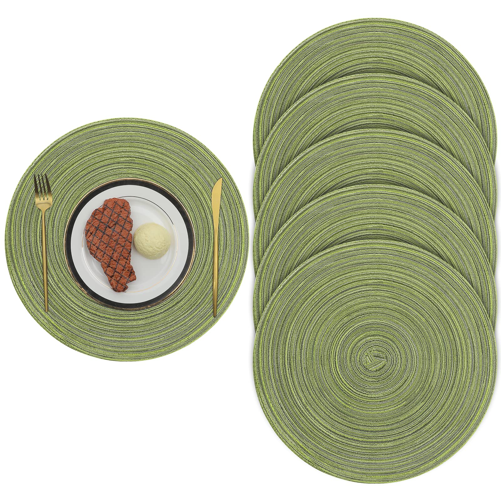 Pauwer 38cm/15inch Woven Round 6 Pieces Placemats Heat Insulation non slip Braided Cotton Dinner Table Mats Washable Place Mats for Home Party Wedding Restaurant (Green)