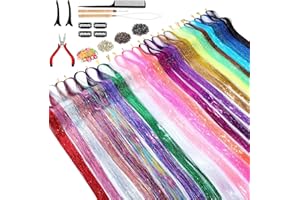 GRENNMAULER Hair Tinsel Kit (48 Inch, 24 Colors, 6000 strands), Tinsel Hair Extensions with Tools, Heat Resistant Glitter Hair Tinsel Kit for Women Hair Accessories