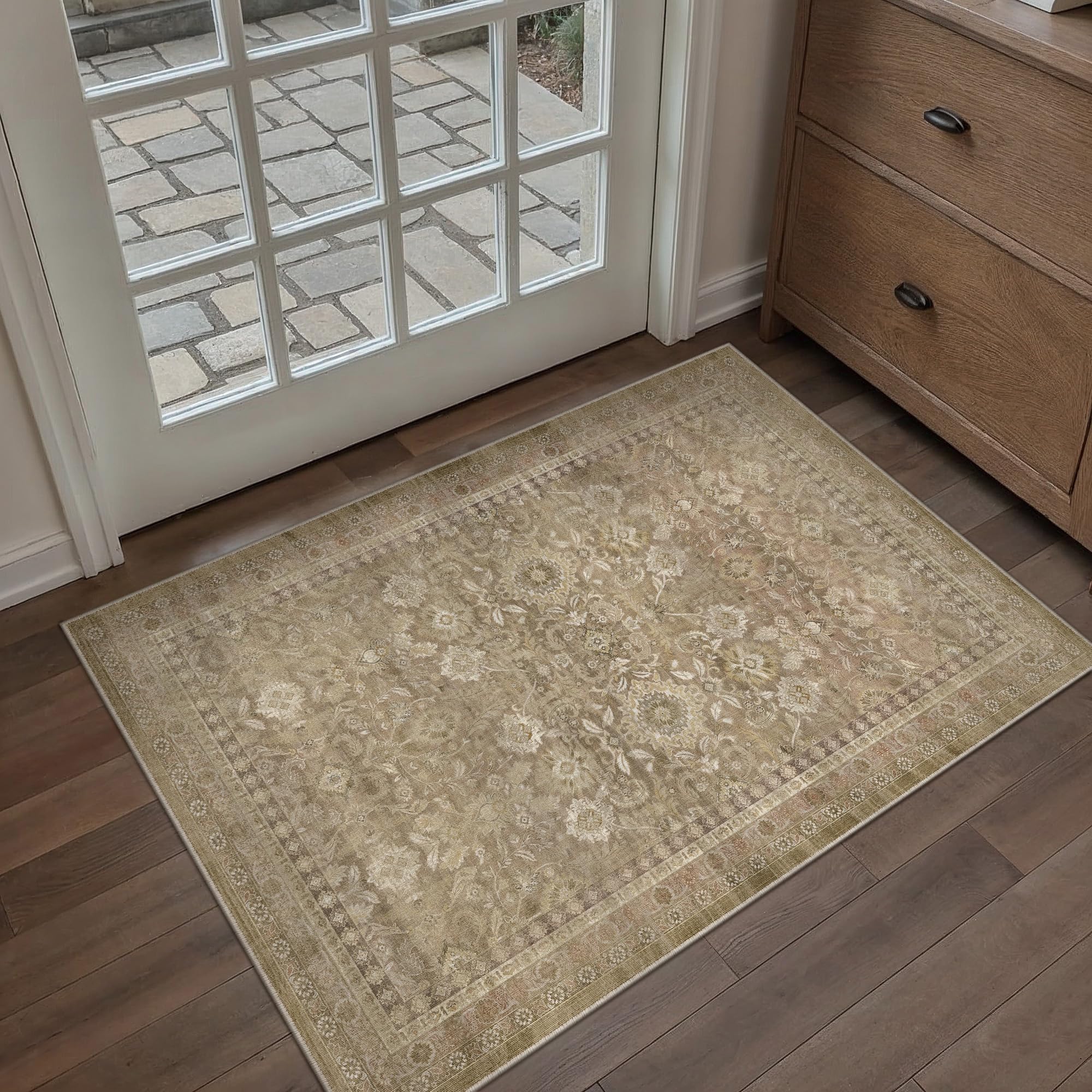 WondRg 2x3 Light Brown Neutral Washable Area Rug for Living Room Distressed Floral Non Slip Throw Rug Indoor Low Pile Doormat Accent Stain Resistance Entrance Dining Laundry Room Kitchen Bathroom