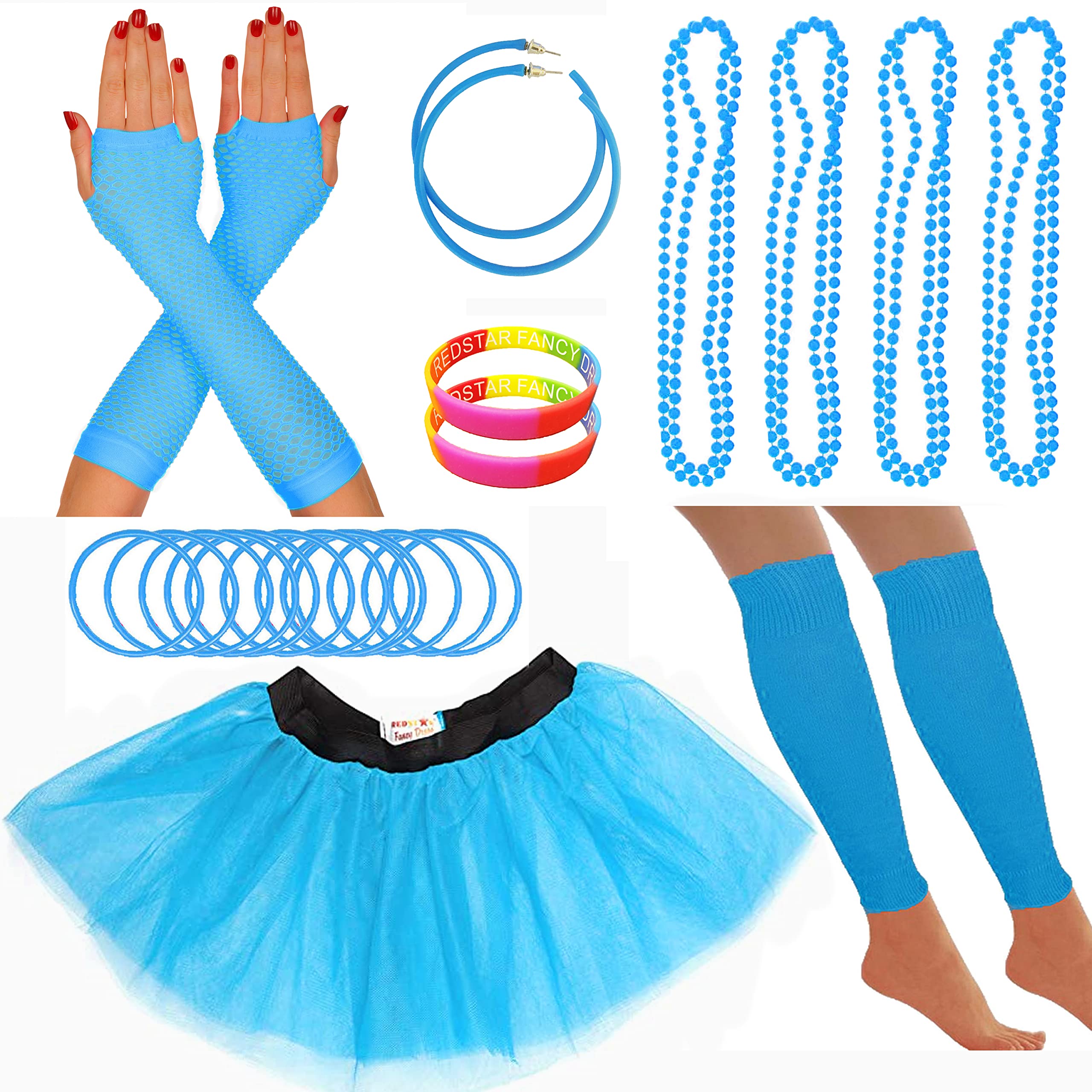 80s Fancy Dress Neon Accessories Tutu Party Costume, Adult Leg Warmers, Fishnet Gloves, 1980s Style Necklace Beads, Neon Hoop Earrings, Gummy Bracelets Womens Hen Party Rave Outfit (Turquoise)