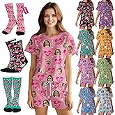 Artsadd Custom Short Pajamas Set With Photo, Women Personalized Lounge Set, Funny Face Printed Sleepwear, Soft Tracksuit Gift