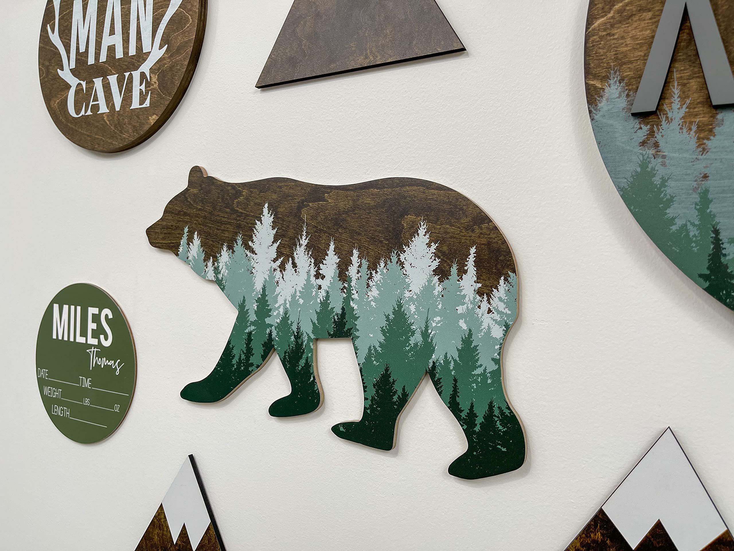 Forest Bear Wall Sign, Adventure Woodland Theme, Rustic Nursery Decor, Man Cave Home Bedroom Cabin Office House Art Decorations, Hickory Hollow Designs… (Dark Walnut/Green Pine Trees)