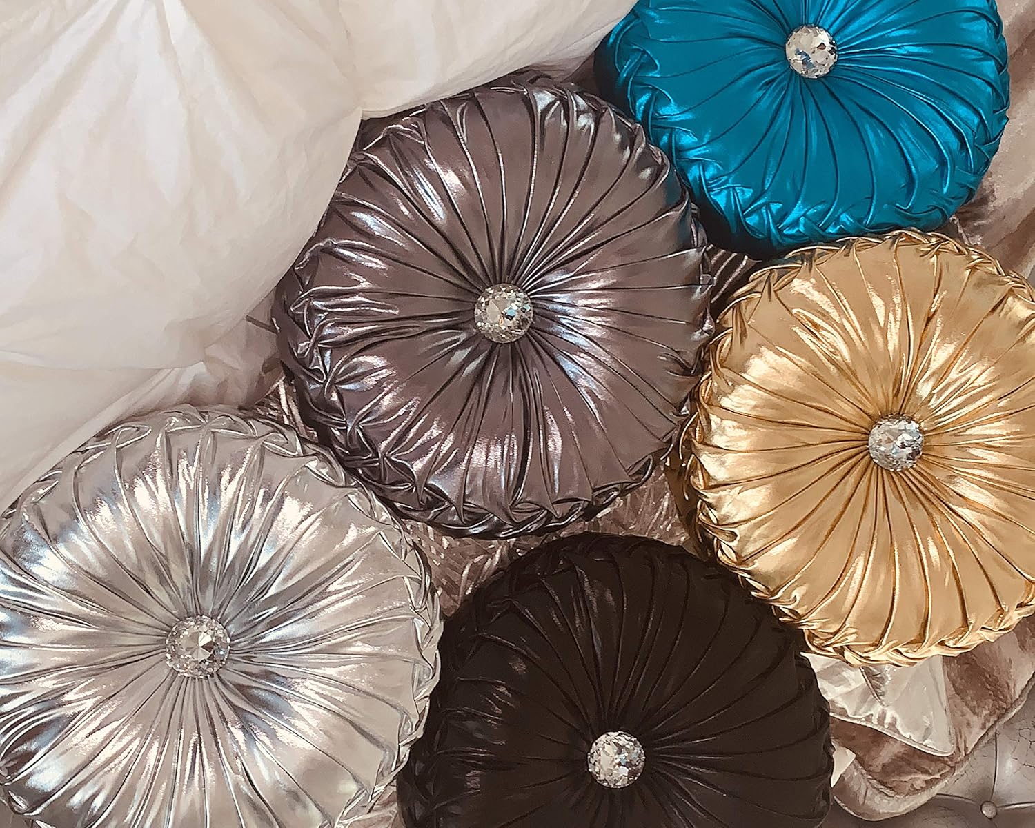 TressHouse European Round Throw Pillow, Soft Spandex Fabric Pumpkin Pleated Handmade Metallic Accent Circle Insert Cushion, Diamond to Enhance for Sofa Bedroom livingroom Couch Cover Chair-Gold: Kitchen & Dining