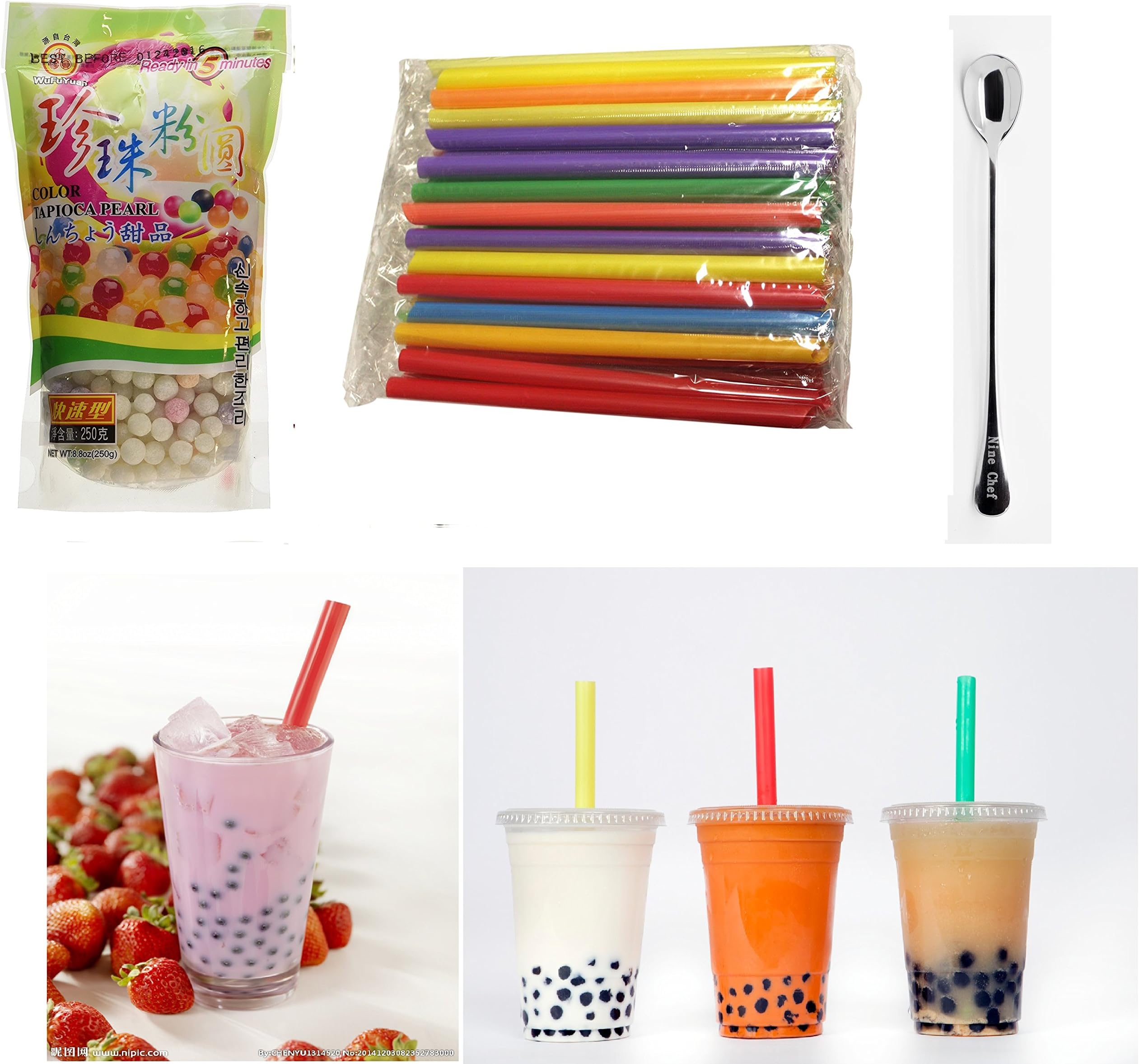 Wufuyuan - Multi color Tapioca Pearl 8.8 Oz + 35 Extra wide Fat Boba Drinking Straw + One NineChef Spoon Per Order