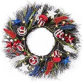 Valery Madelyn Patriotic 4th of July Wreath for Front Door 18 inch American Flag Door Wreaths, Red White Blue Wheat Wreath Decorations with Top Hat Ornaments for Window Porch for National Holiday