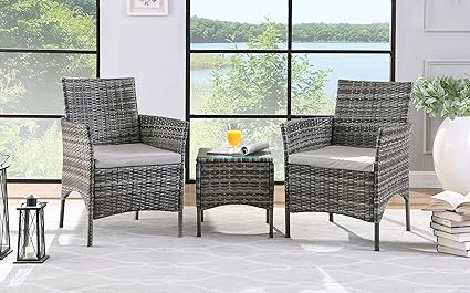 Amazon Com Salbay Rattan Garden Furniture Set 3 Patio Conservatory Indoor Outdoor Coffee Table And 2 Single Chairs Grey Garden Outdoor