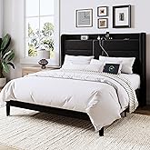 Allewie Queen Size Platform Bed Frame with Charging Station & Storage Headboard, Upholstered Velvet Wingback Design & USB Port, Strong Wooden Slats Support, No Box Spring Needed, Easy Assembly, Black