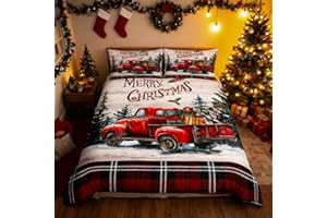 HOMEWISH Merry Christmas Duvet Cover Set King Size,Vintage Xmas Truck Comforter Cover Red Black Checkered Bedding Set 3Pcs for Kids Girls Boys Bedroom Decor,Rustic Farmhouse Wood Quilt Cover,2 Pillowcases