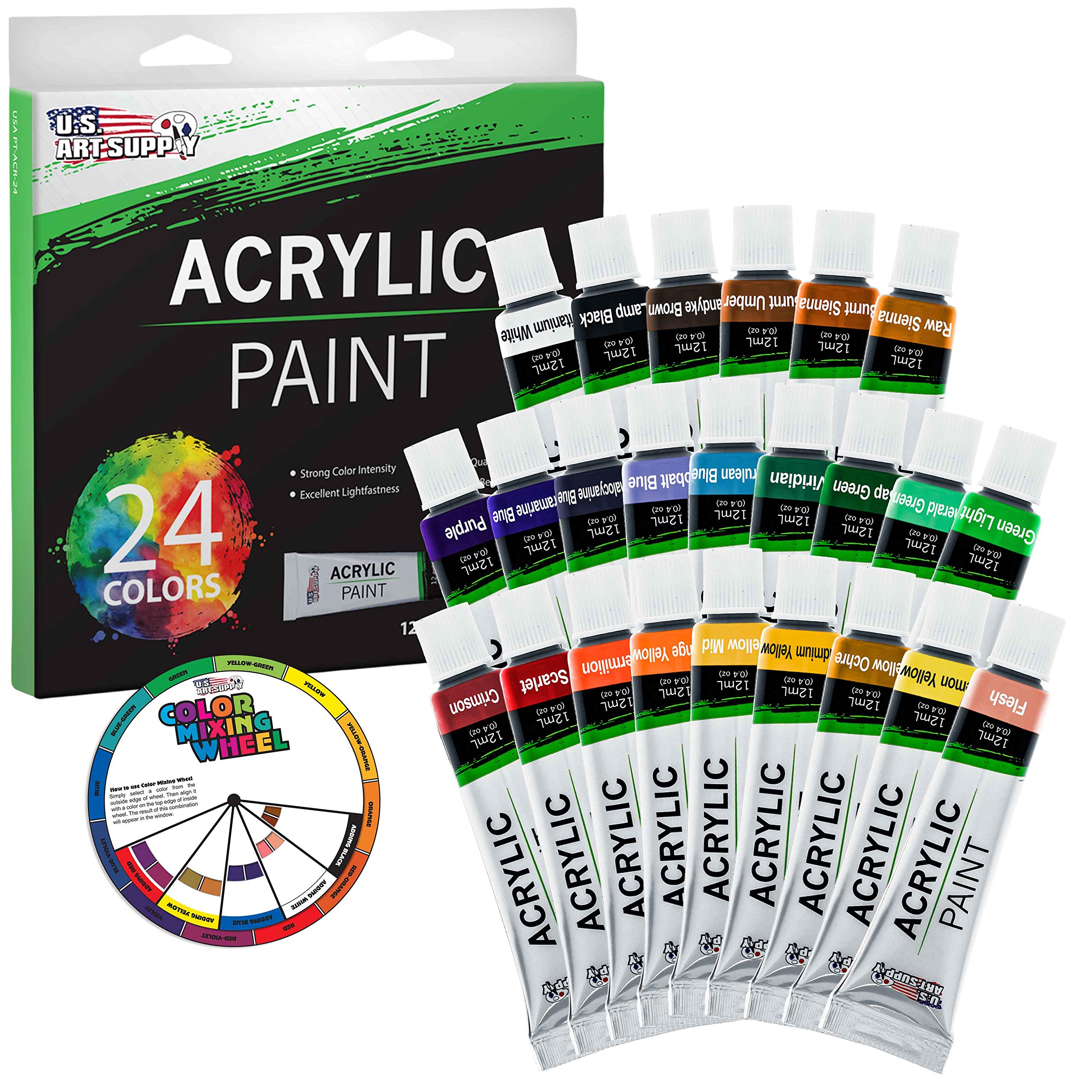Professional 24 Color Set of Acrylic Paint in 12ml Tubes - Rich Vivid Colors for Artists, Students, Beginners - Canvas Portrait Paintings - Color Mixing Wheel