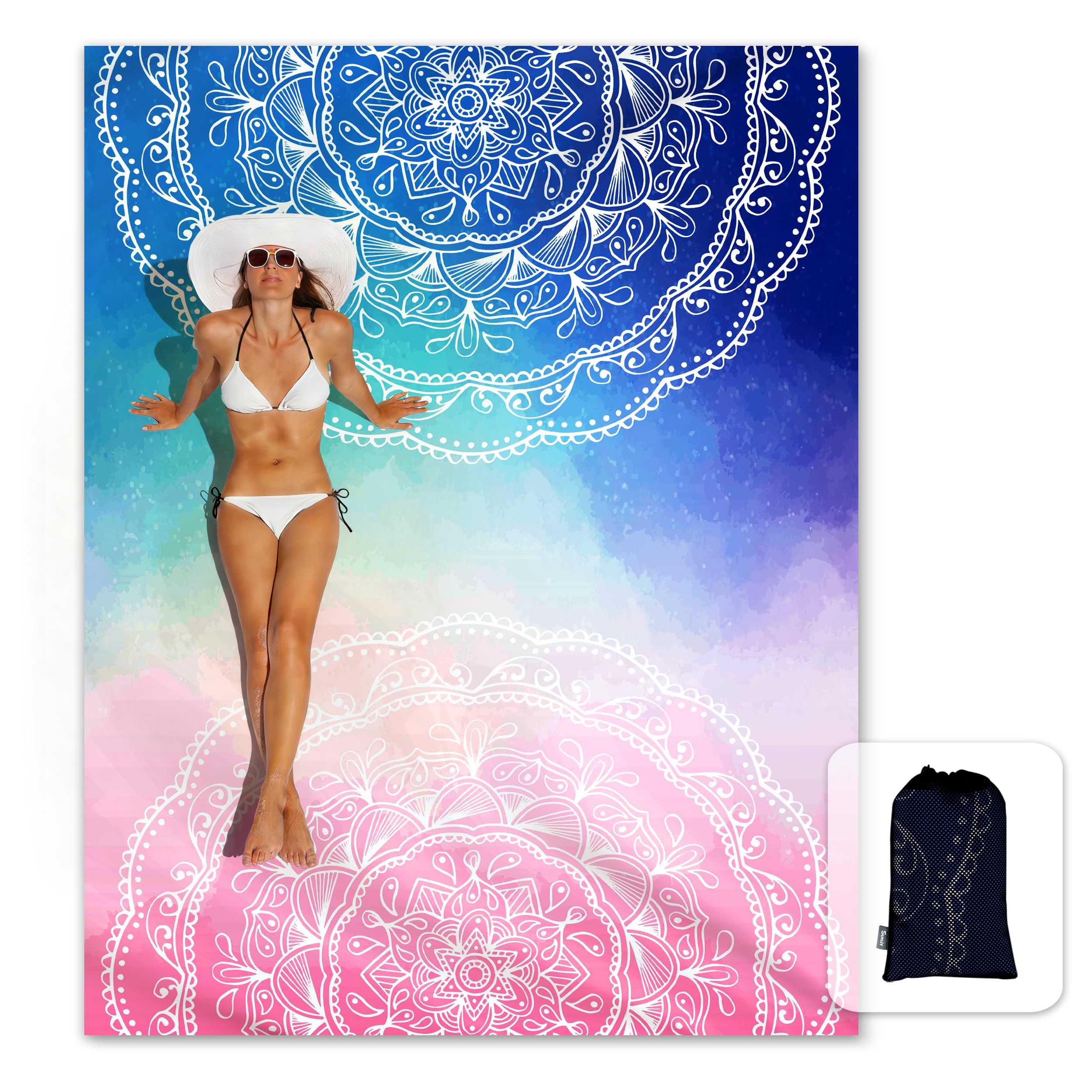 Sunlit Silky Soft Beach Blanket Sand Proof Mat with Corner Pockets 270x205cm Mesh Bag, Beach Party, Travel, Camping and Outdoor Music Festival, Mandala Blue Pink