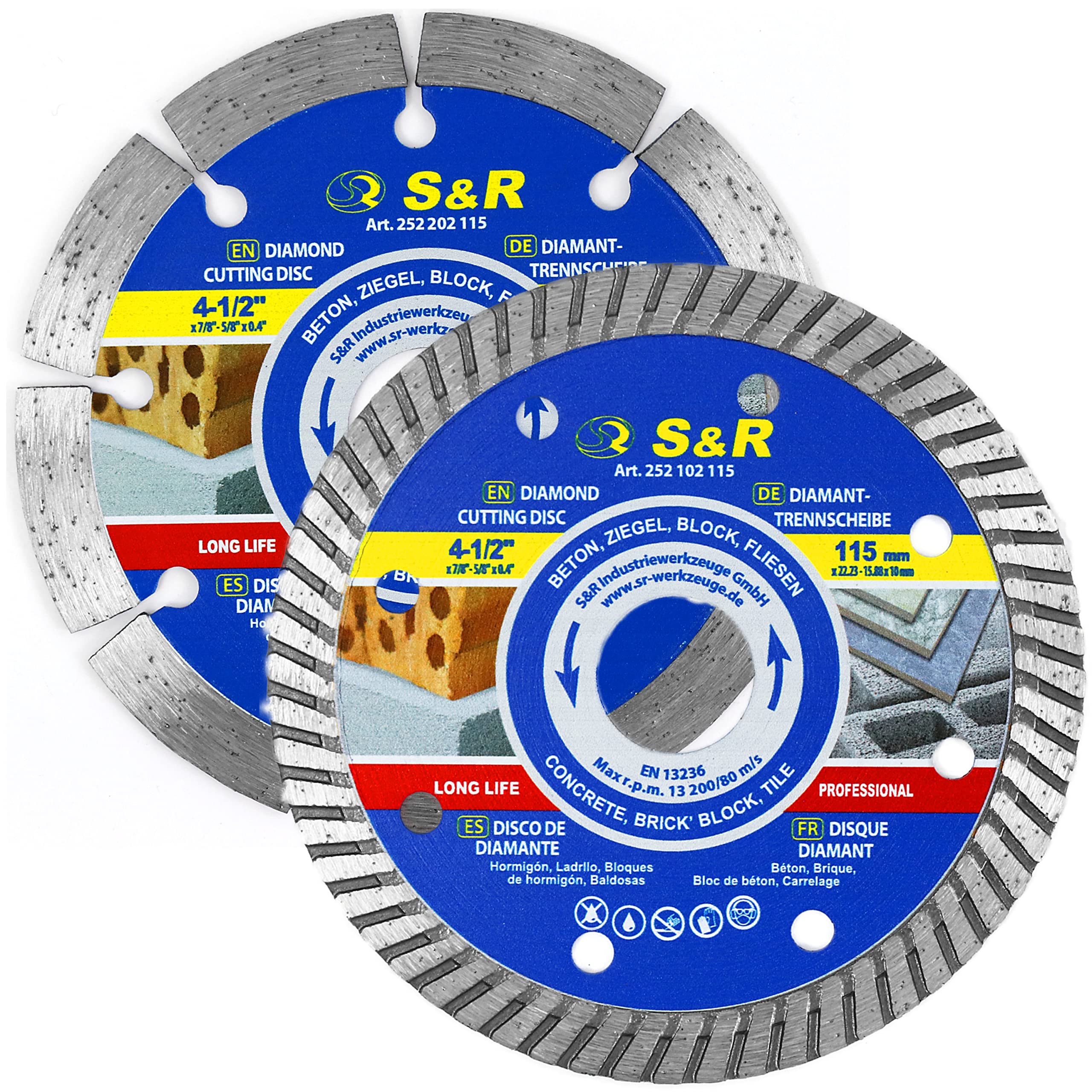S&R Diamond Cutting Disc Set 2 Pieces: 1x Segment Standard + 1x Turbo 115 x 10 x 22.2/15.88 mm for Stone, Concrete, Brick and Tiles