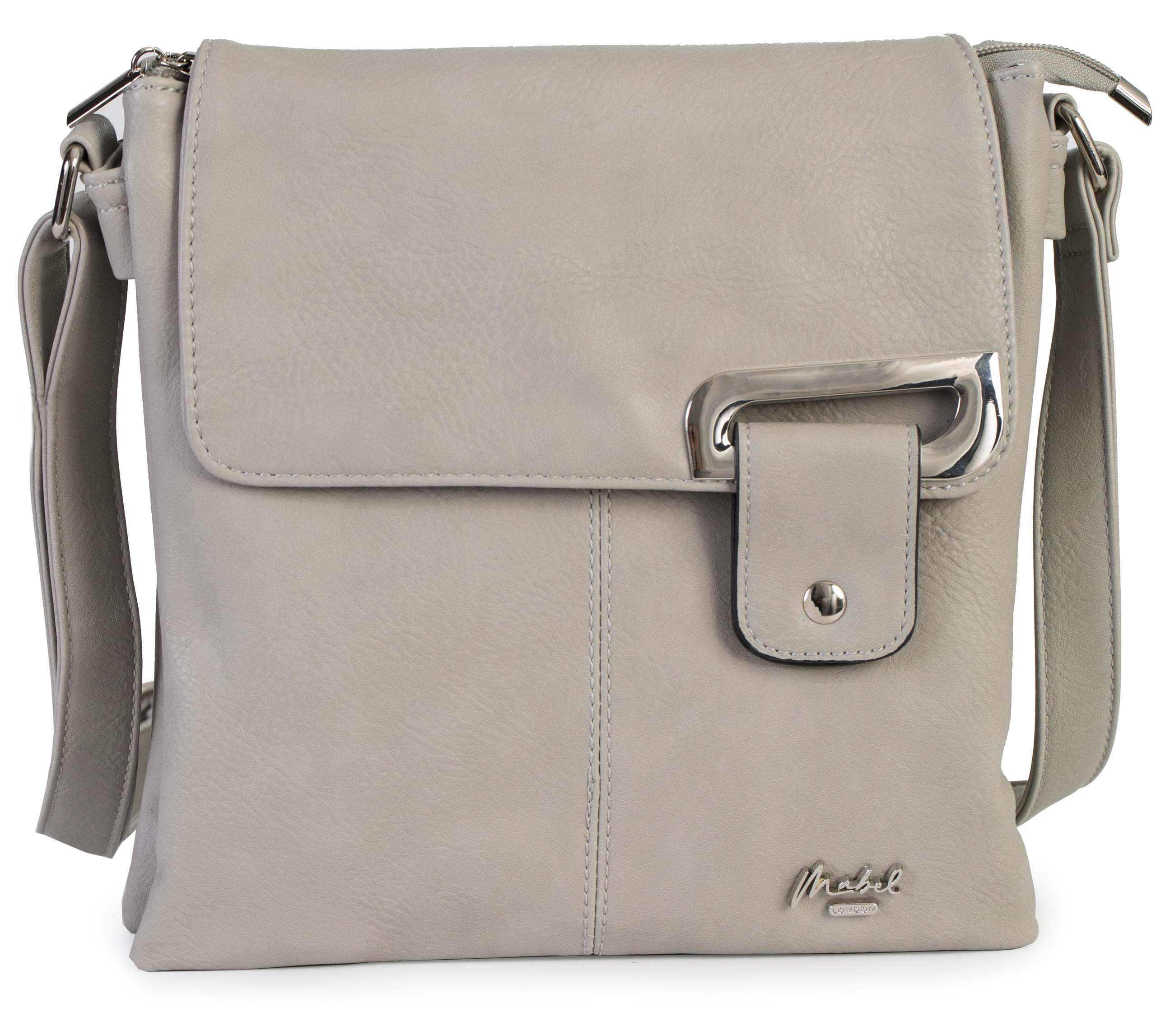 Mabel London Women's Crossbody Messenger Bag – Medium Shoulder Handbag with Adjustable Strap and Gold or Silver Trim – Faith (Light Grey - Silver Trim)