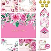 Decorably 10 Pack Gold-Foiled 5x3.75in Textured Floral Thank You Cards with Envelopes Watercolor Prints & Stickers, 5 Folded Elegant Designs for Friends, Family & Loved Ones, Blank Inside
