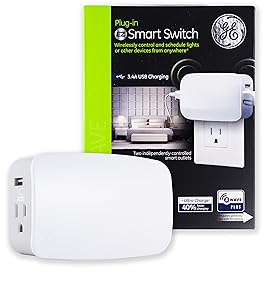 GE Enbrighten Z-Wave Plus Smart Plug with 2 USB Ports (3.4A Shared), 2 Individually Controlled Outlets, On/Off Switch, Zwave Hub Required, Works with SmartThings Wink & Alexa, 28177, White