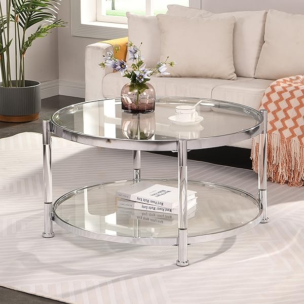 Rolling Serving Cart Convenience Concepts Royal Crest Bar Cart – 2-Tier Glass & Chrome Rolling Cart With Locking Wheels (20"x20"x32.5") Bar Cart Round