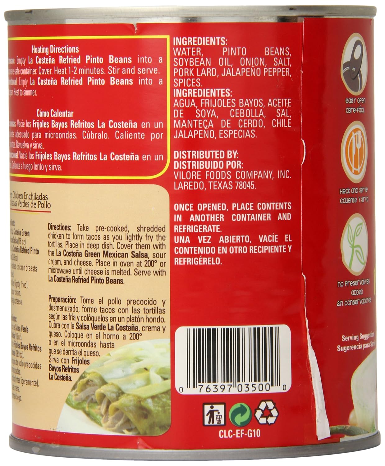 Amazon.com : La Costena Pinto Beans, Refried, 1.8 Pound ...