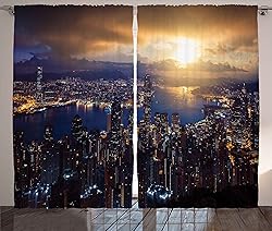 Ambesonne Urban Curtains, Aerial Skyline of Night