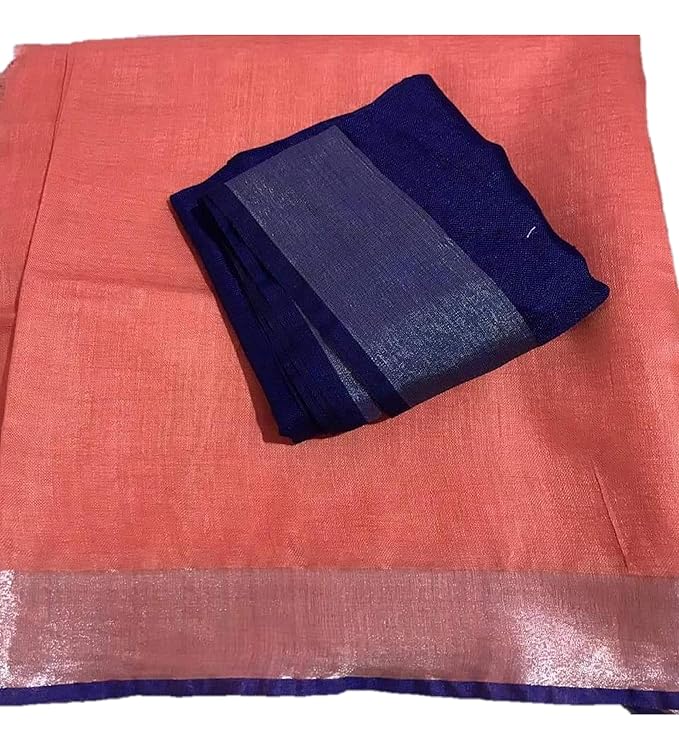 For Womens Pure Cotton Slub LightSalmon Orange Saree With Plain Zari Border Contrast Blouse Piece