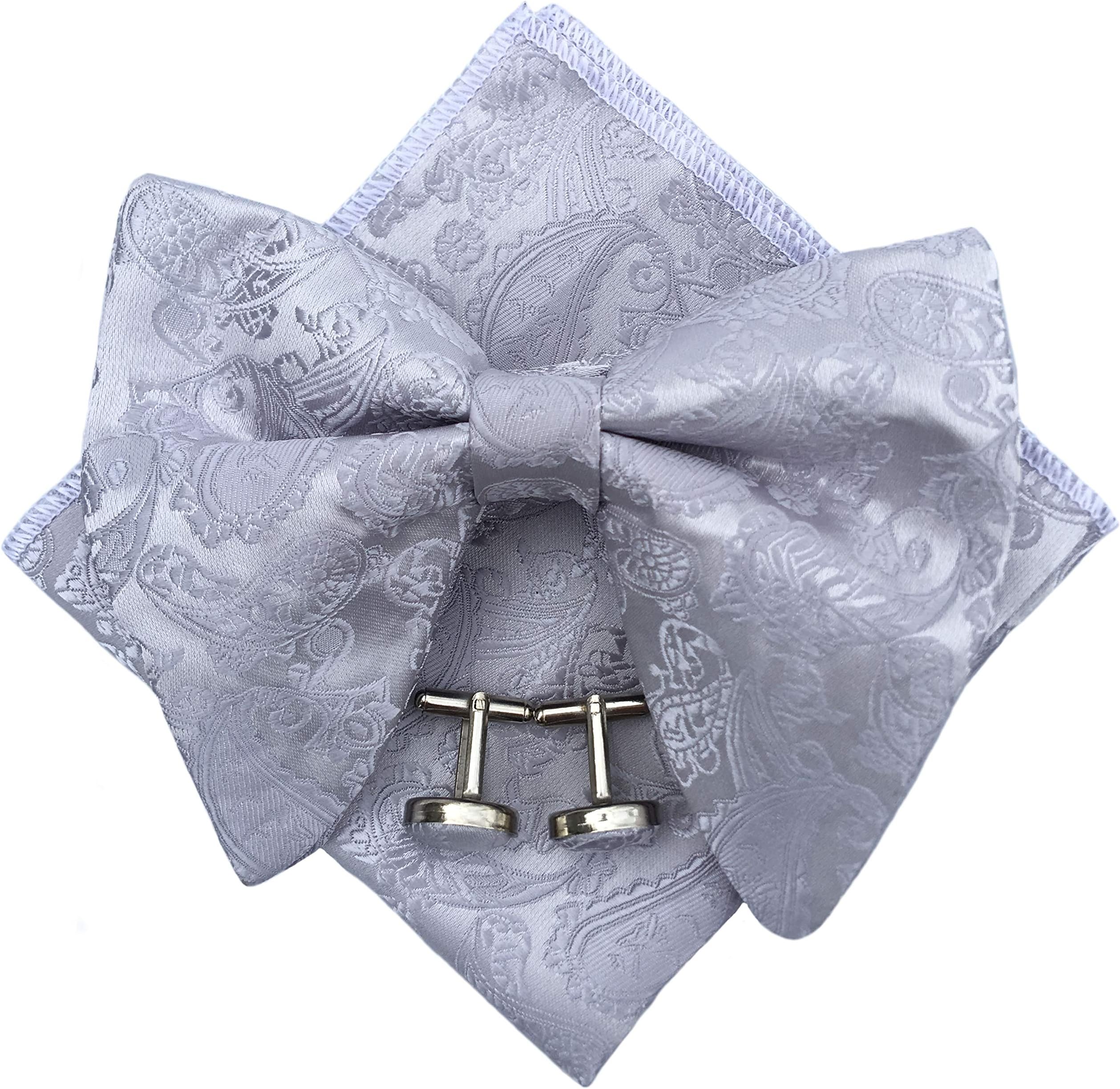 Mens Pre-Tied Paisley Bowtie Oversized Tuxedo Bow Tie Hankie Cufflinks Set