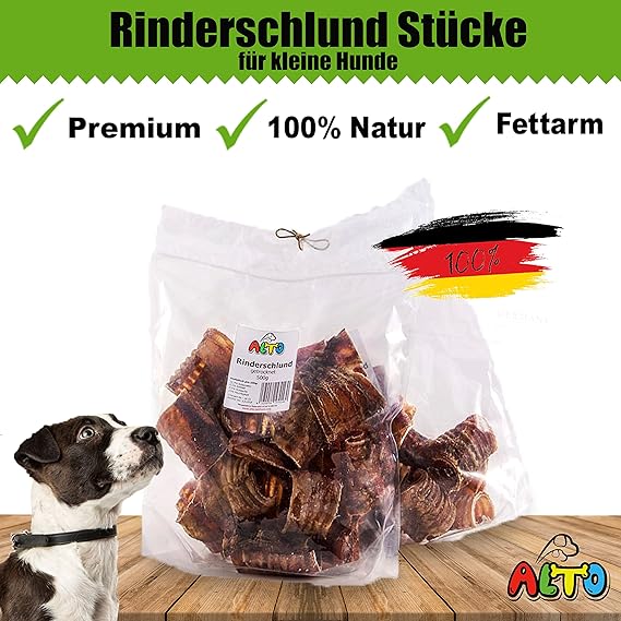 Alto-Petfood - 1000g Rinderschlund kleine Häppchen | Natur Luft - getrocknet, besonders fettarm - wiederverschließbarer Beute