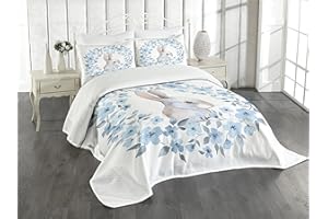 Ambesonne Watercolor Flower Bedspread Set, Bunny Rabbit Portrait in Floral Wreath Illustration Country Style, 3 Piece Decorative Bedding Coverlet and 2 Pillow Shams, Queen Size, Blue Grey White