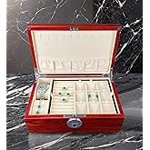 SYENS Wooden Jewelry Box with Fingerprint Lock, Jewelry Storage Box&Organizer for Women, with Necklace Hanger and Mirror inside, Mother's Day Gifts (1L-RS)