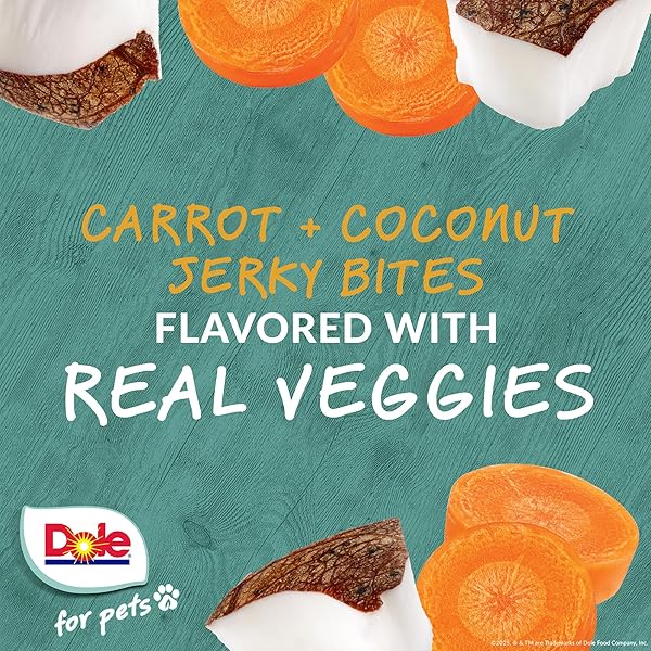 DOLE FOR PETS FRUIT JERKY BITES DOG TREATS, CARROT AND COCONUT FLAVOR, CHEWY TREATS FLAVORED WITH REAL FRUIT AND VEGETABLES, NO WHEAT, CORN, SOY, ARTIFICIAL FLAVORS, COLORS, OR PRESERVATIVES, 6 OZ