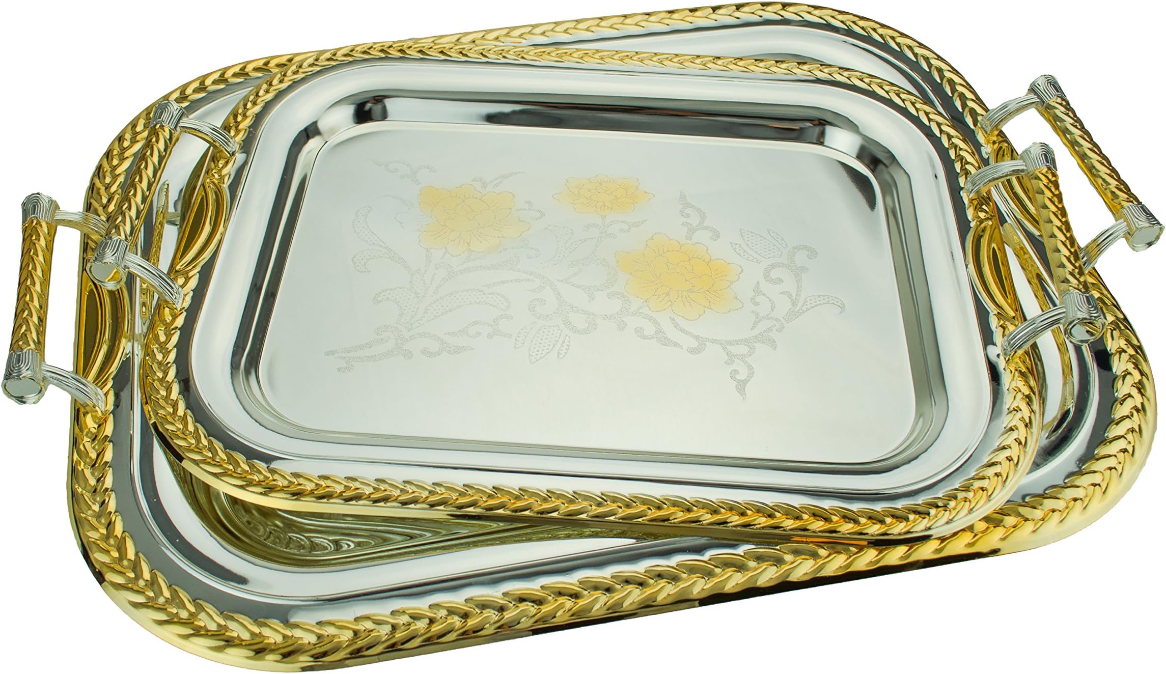 2-Piece Peony Bouquet Rectangle Decorative Serving Tray Set, Silver/Gold