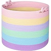 MINTWOOD Design 15 x 14.2 Inches Woven Cotton Rope Storage Basket, Stuffed Toy Basket Bin, Laundry Basket Hamper, Nursery Basket, Dog Toy Basket, Blanket Basket, Gift Basket, Pastel Rainbow, MD-135