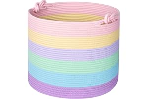 MINTWOOD Design 15 x 14.2 Inches Woven Cotton Rope Storage Basket, Stuffed Toy Basket Bin, Laundry Basket Hamper, Nursery Basket, Dog Toy Basket, Blanket Basket, Gift Basket, Pastel Rainbow, MD-135