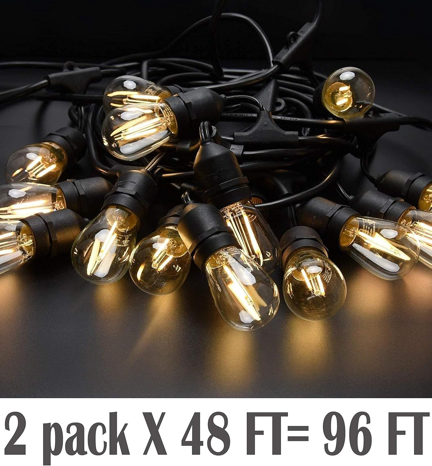 Magictec LED Shatterproof String Lights Commercial Grade with 15 Hanging Sockets 48 Ft Black Outdoor Weatherproof Cord Strand for Patio Garden Porch Backyard Bistro Gazebo Party Deck Yard, 2 Pack - - 
