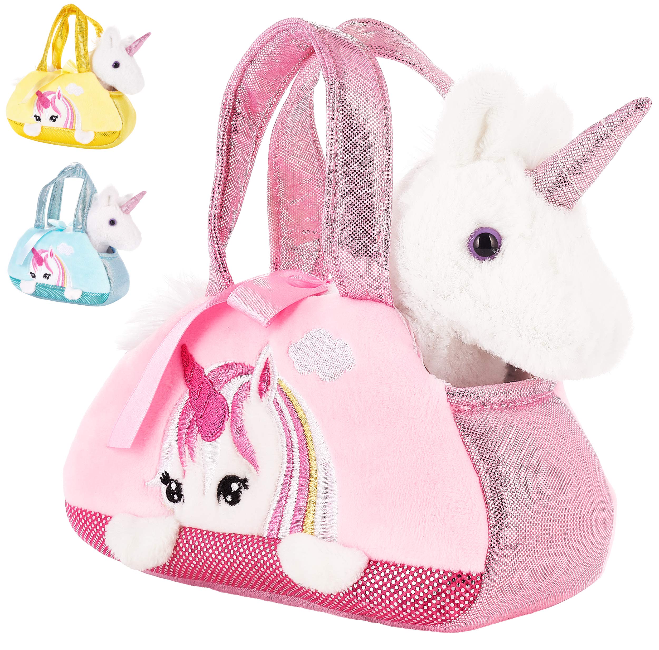 BRUBAKER Plush Unicorn White in Handbag - 8 Inches (20 cm) - Soft Toy in Bag - Cuddly Toy - Pink