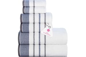 CASA COPENHAGEN White Bay 600 GSM Egyptian Cotton Towel for Hotel Spa Kitchen Bathroom, Set of 6, 2Bath, 2Hands, 2Washcloths - White with Blue and Grey Border