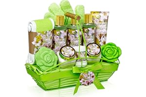 LOVERY Home Spa Gift Baskets For Women, Bath and Body Gift Basket, Magnolia & Jasmine Home Spa Set, Fragrant Lotions, Bath Bomb, Towel, Shower Gloves, Green Wired Bread Basket & More, 13Pcs