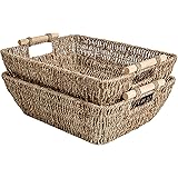 StorageWorks Hand-Woven Jumbo Storage Baskets with Wooden Handles, Seagrass Wicker Baskets for Organizing, 17 ¼ x 13 ¼ x 6 in