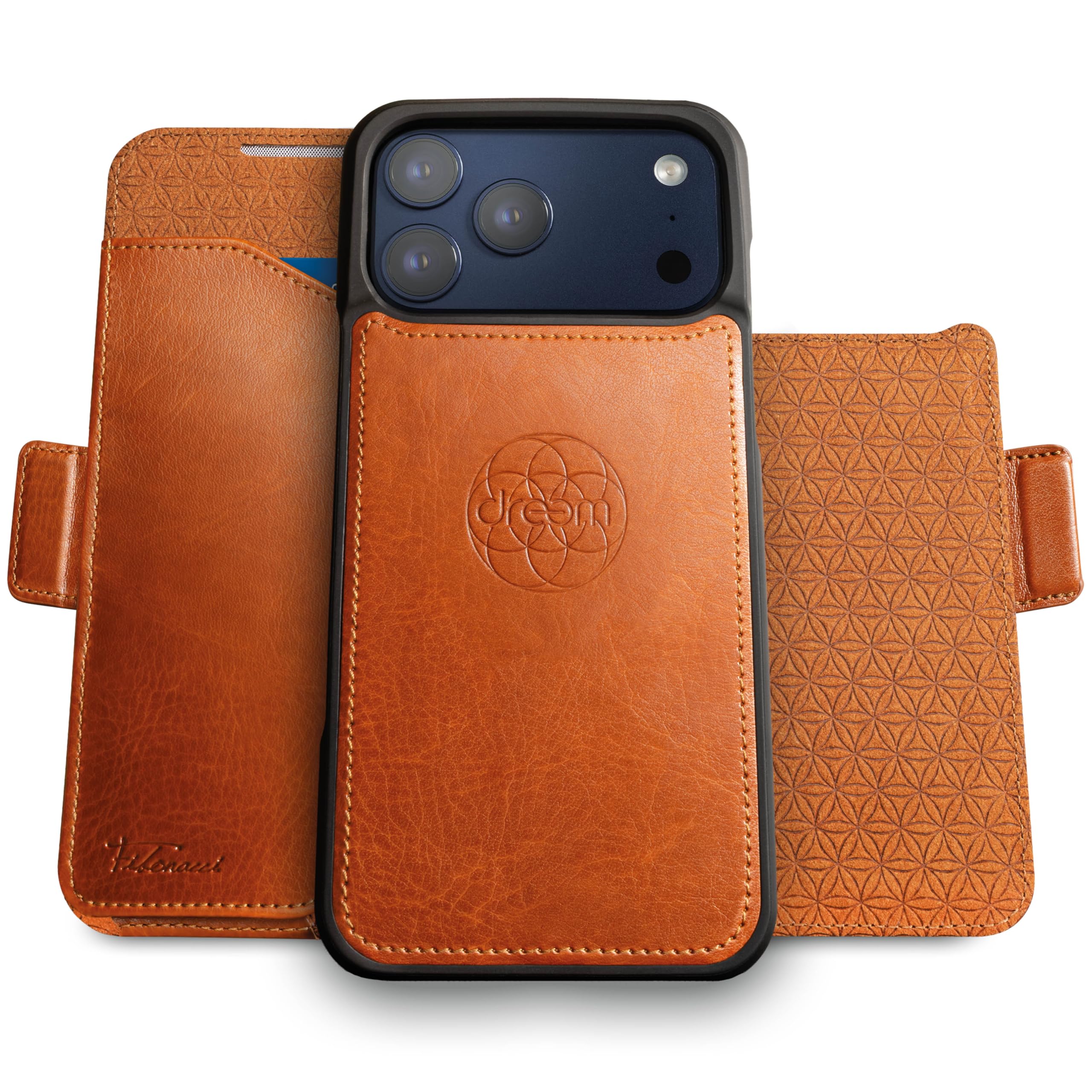 Dreem for iPhone 17 Pro Max Case Wallet, Revolutionary Phone Stand, Vegan Leather, MagSafe-Fit, Magnetic Detachable Flip Cover, RFID Blocking Card Holder, Gift-Box [Fibonacci:Caramel] Image