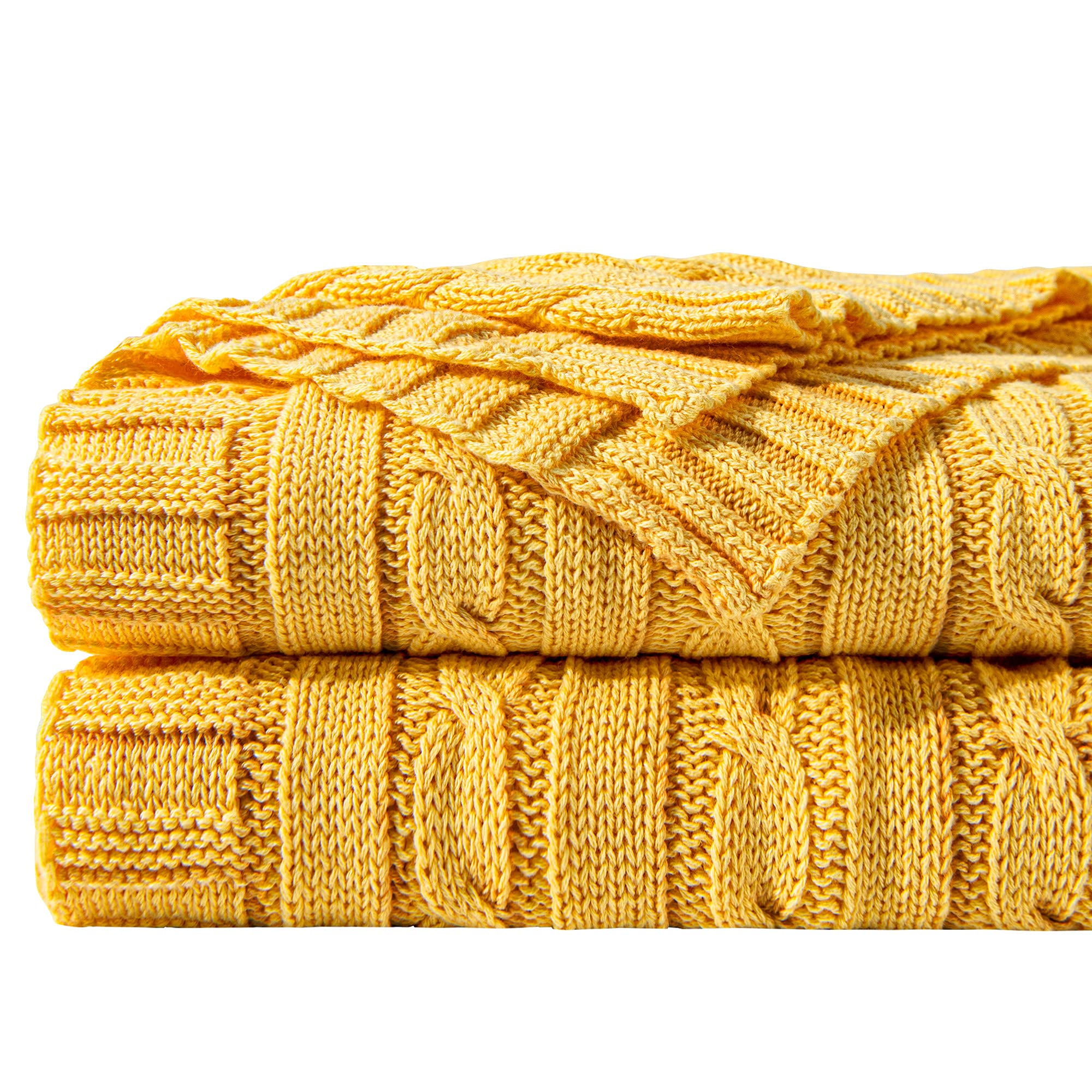 NTBAY 100% Pure Cotton Cable Knit Throw Blanket, Super Soft Warm 130x170 Knitted Throw Blanket for Couch, Sofa, Chair, Bed - Extra Cozy, Machine Washable, Comfortable Home Decor, Yellow, 130x170 cm